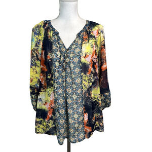 Fig and Flower Anthropologie Blouse Tunic size Medium Blue Orange Yellow Sheer